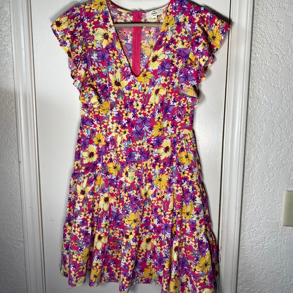 Entro Womens Pink Yellow Floral Flutter Sleeve Tiered Mini Dress Size M